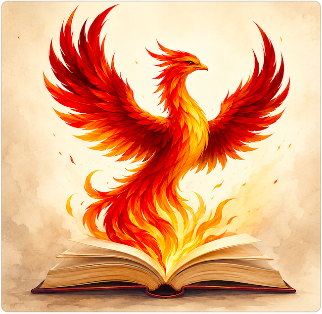 A fiery red and orange phoenix rising from an open book, with flames and feathers blending into the pages.