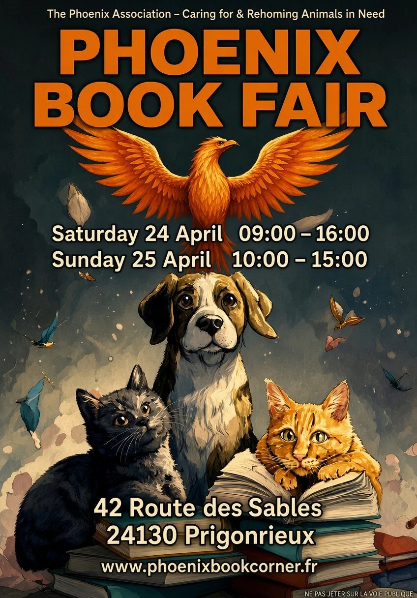 Flyer for the Phoenix Book Fair featuring a phoenix bird, a dog, a cat, and an open book, with event details including dates, times, location, and website.