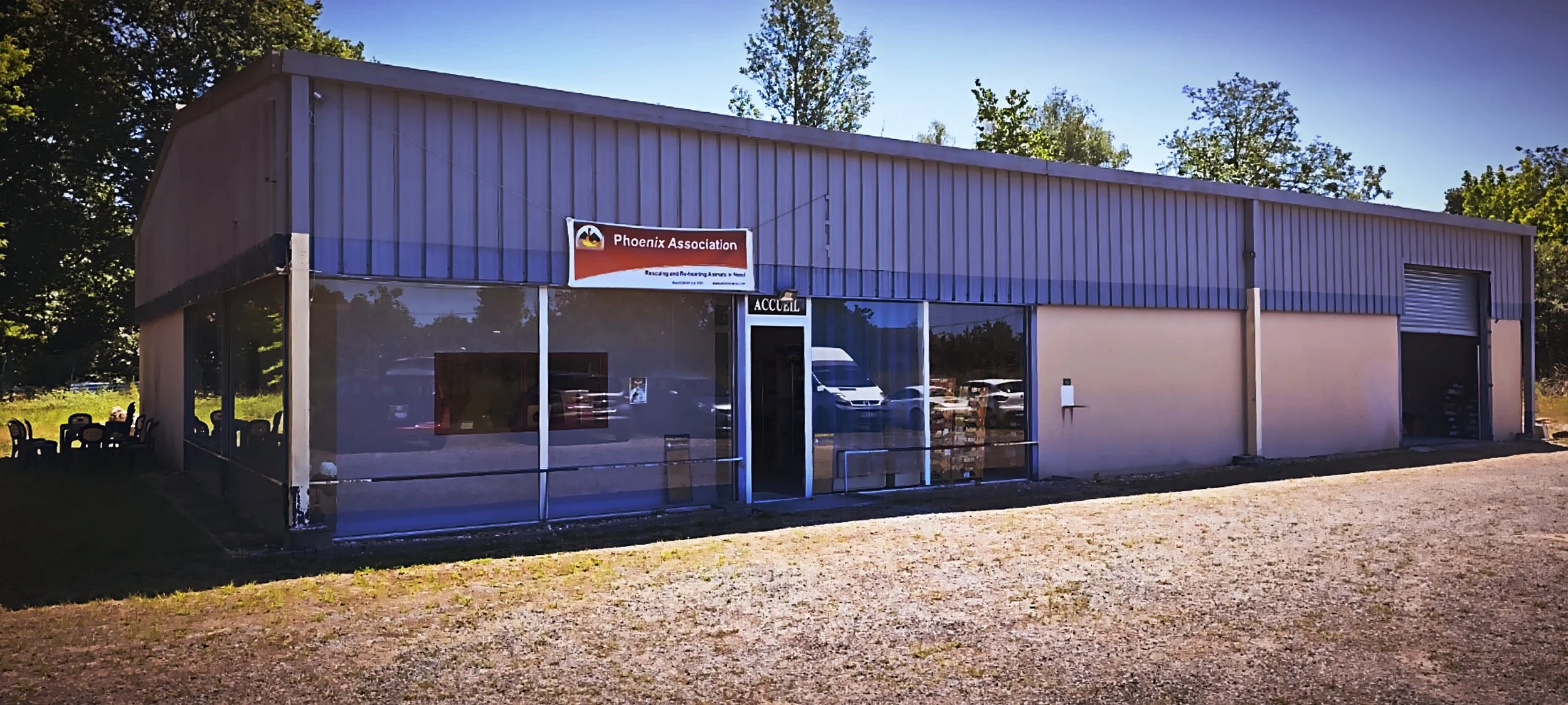 A single-story building with large glass windows and a sign that reads 'Phoenix Association' with a subtitle 'Rescue and Recovering Animals of Phoenix.' The building is situated on a gravel lot, surrounded by trees, with a clear blue sky above.