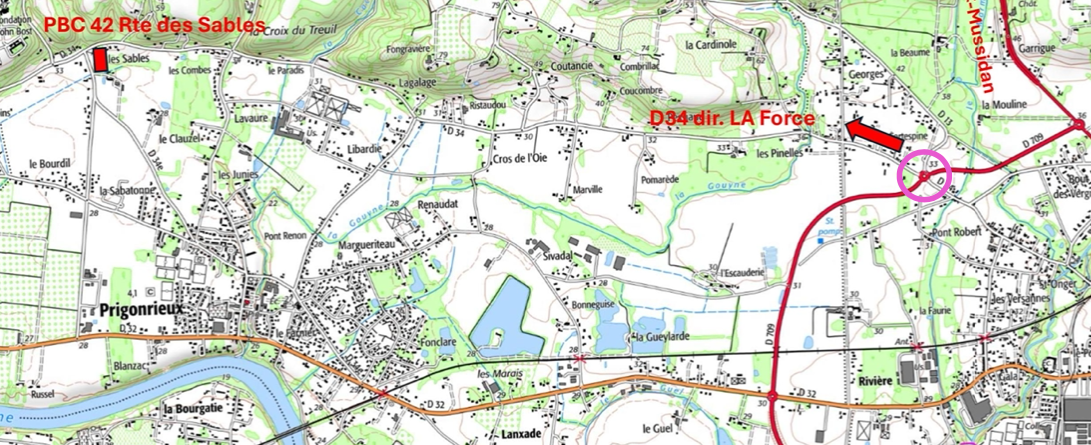 Detailed map of Prigonrieux and surrounding areas showing roads, waterways, and landmarks with labels in French.