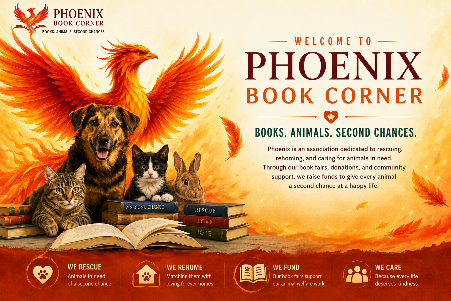 A promotional poster for Phoenix Book Corner, featuring an illustration of a fiery phoenix with outstretched wings, surrounded by a dog, cats, and a rabbit. The poster includes the Phoenix Book Corner logo and text about their mission to rescue, rehome, and care for animals through book fairs, donations, and community support.