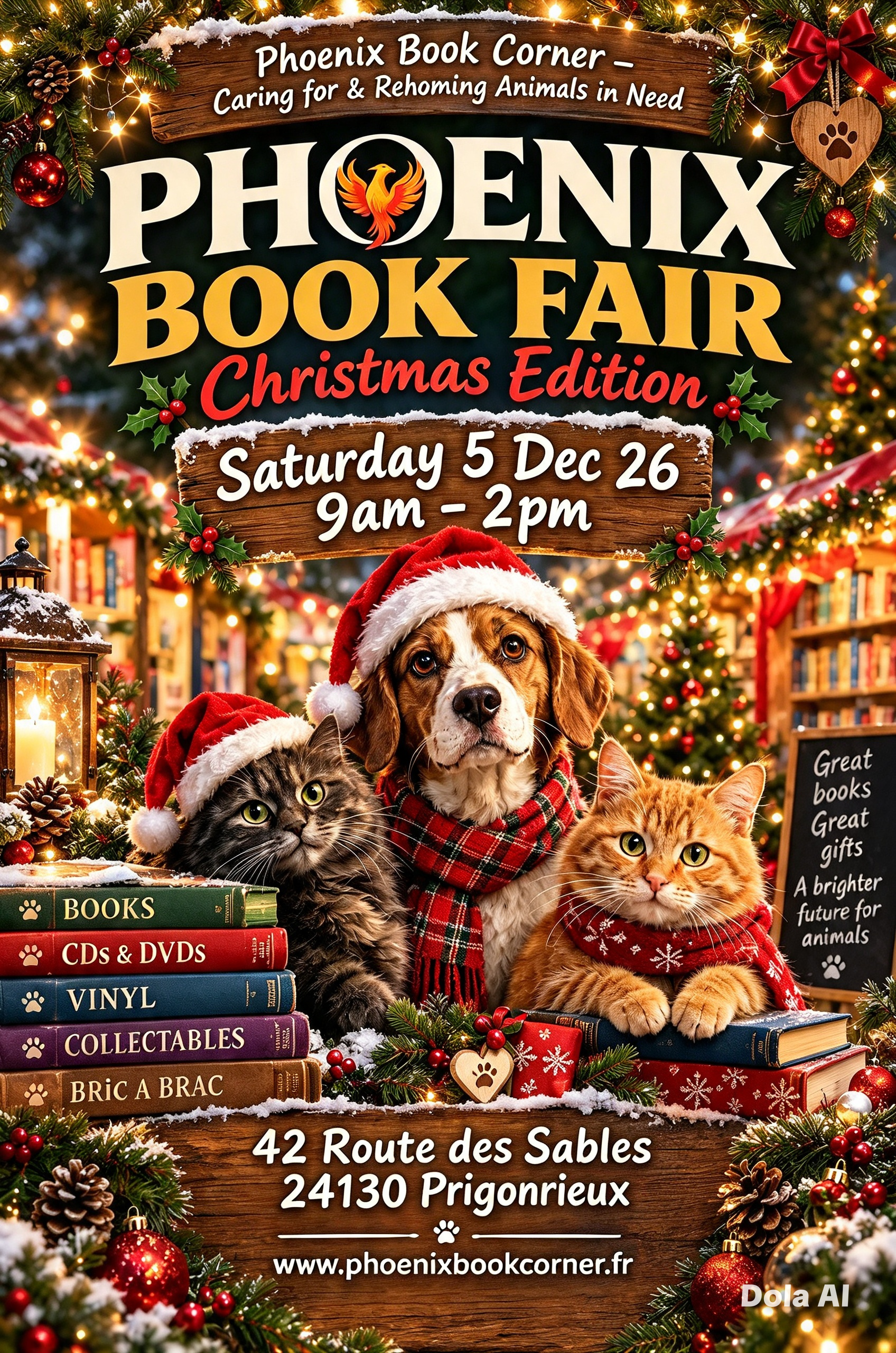 A festive holiday poster for the Phoenix Book Corner Christmas edition book fair, featuring a Christmas tree with ornaments, lights, and pinecones. In the foreground, three cats and a dog wearing Christmas sweaters and Santa hats are sitting on a stack of books. The poster provides the event date, time, location, and website information.