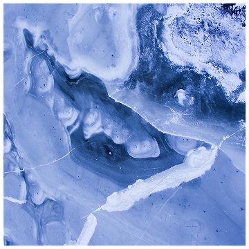 Close-up of a blue and white abstract fluid art painting with swirling patterns and textures.