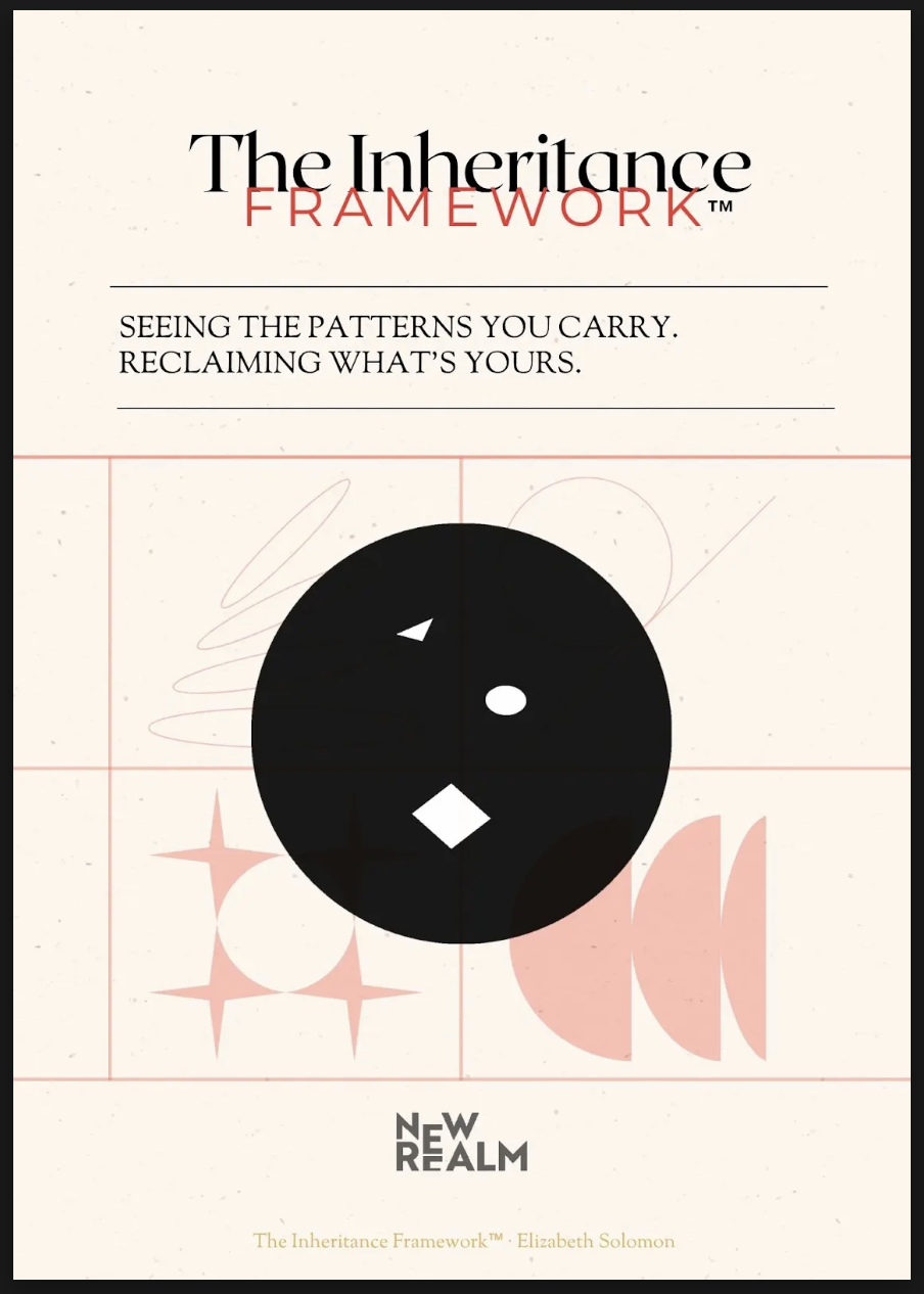 Book cover of 'The Inheritance Framework' by Elizabeth Solomon, featuring a black circle with abstract shapes, on a cream background with red and pink accents.