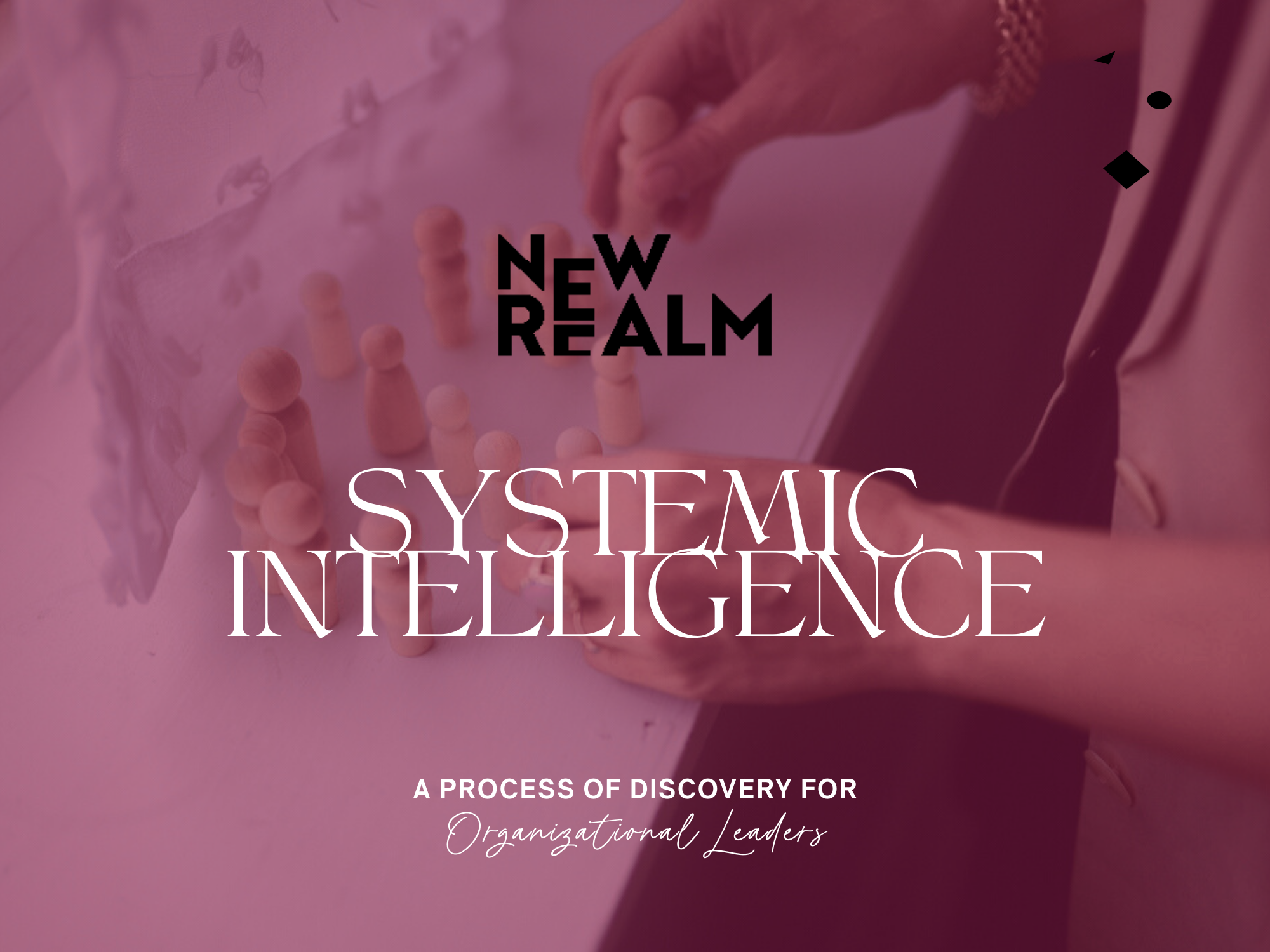 Cover of a book titled 'New Realms: Systemic Intelligence,' featuring a pink background with a hand reaching towards small wooden chess pieces on a table.