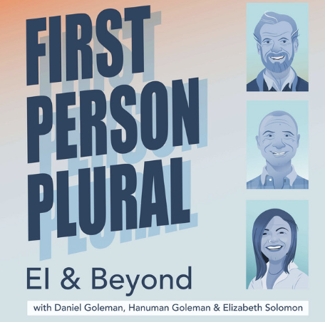Book cover titled "First Person Plural: EI & Beyond" featuring illustrations of three smiling people with different hair styles and skin tones, and author names Daniel Goleman, Hanuman Goleman, and Elizabeth Solomon.