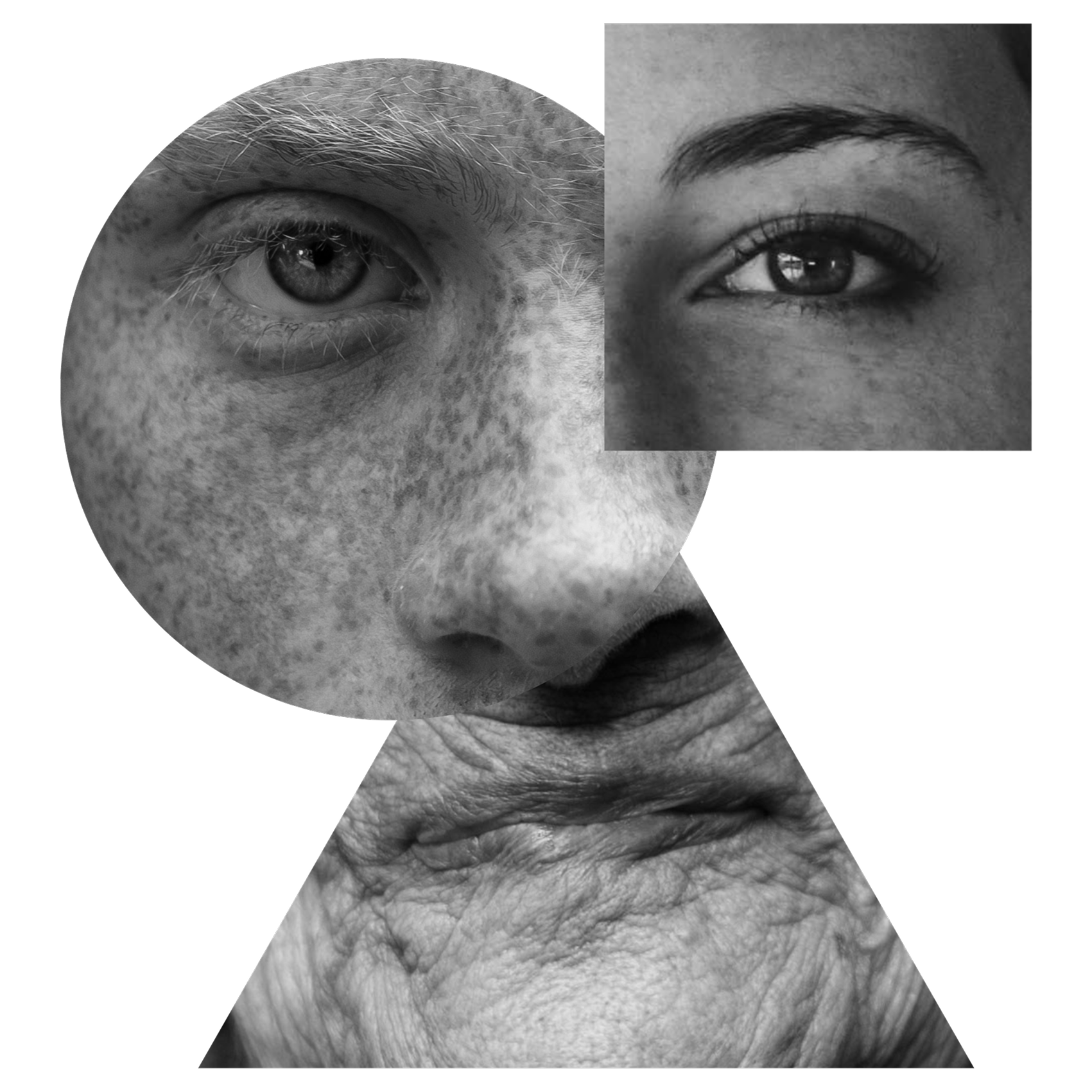 Collage of black and white close-up photos of human eyes, showing different ages and ethnic backgrounds, with some details such as eyelashes, eyebrows, and skin texture.