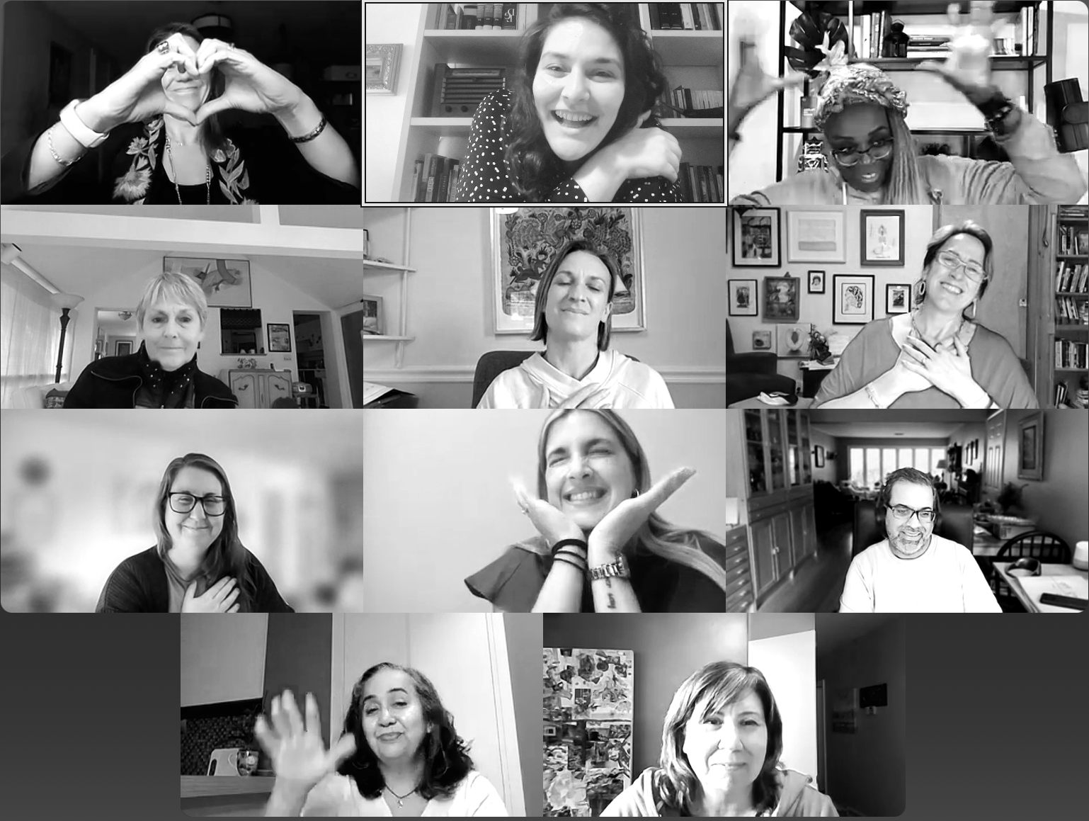 A group video call with ten women and one man, some smiling, some with hands on their chests, in a variety of home settings.