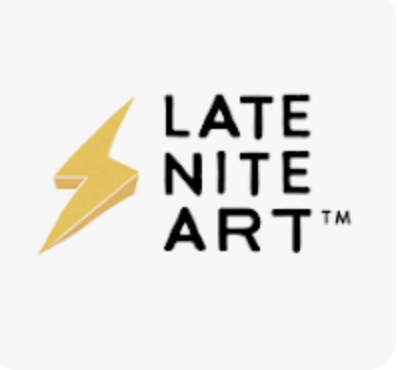 Logo with a yellow lightning bolt and the text 'LATE NITE ART' in black capital letters.