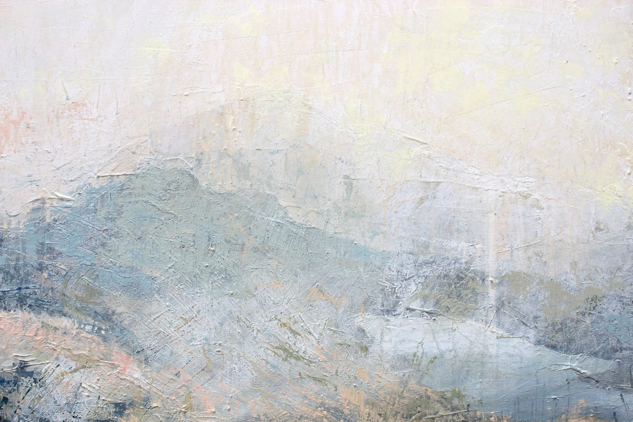 Abstract textured painting with pastel colors and varying brushstrokes.