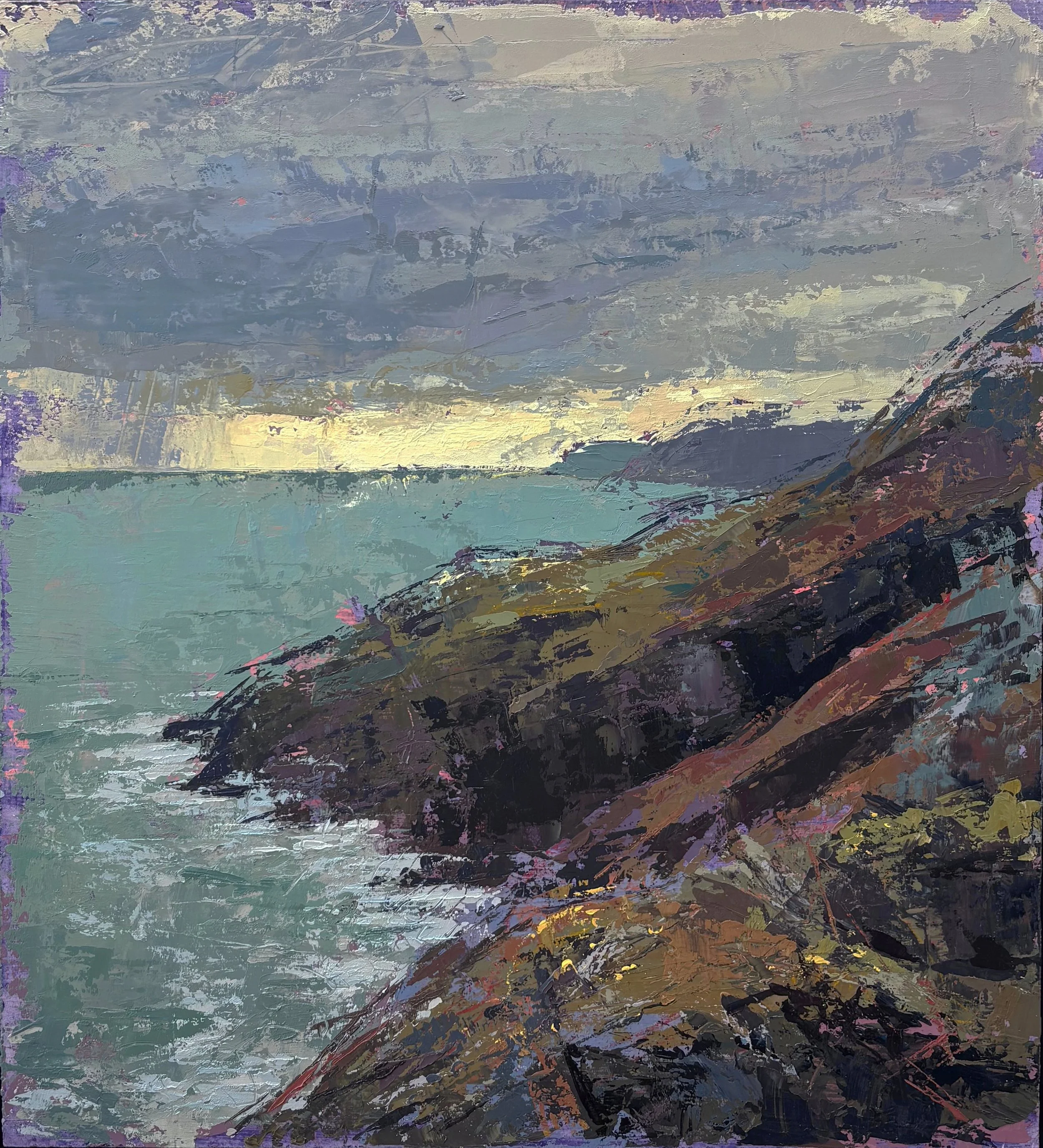 An abstract landscape painting with a moody sky, distant shoreline, and textured foreground rocks with a blend of purples, blues, yellows, and browns.