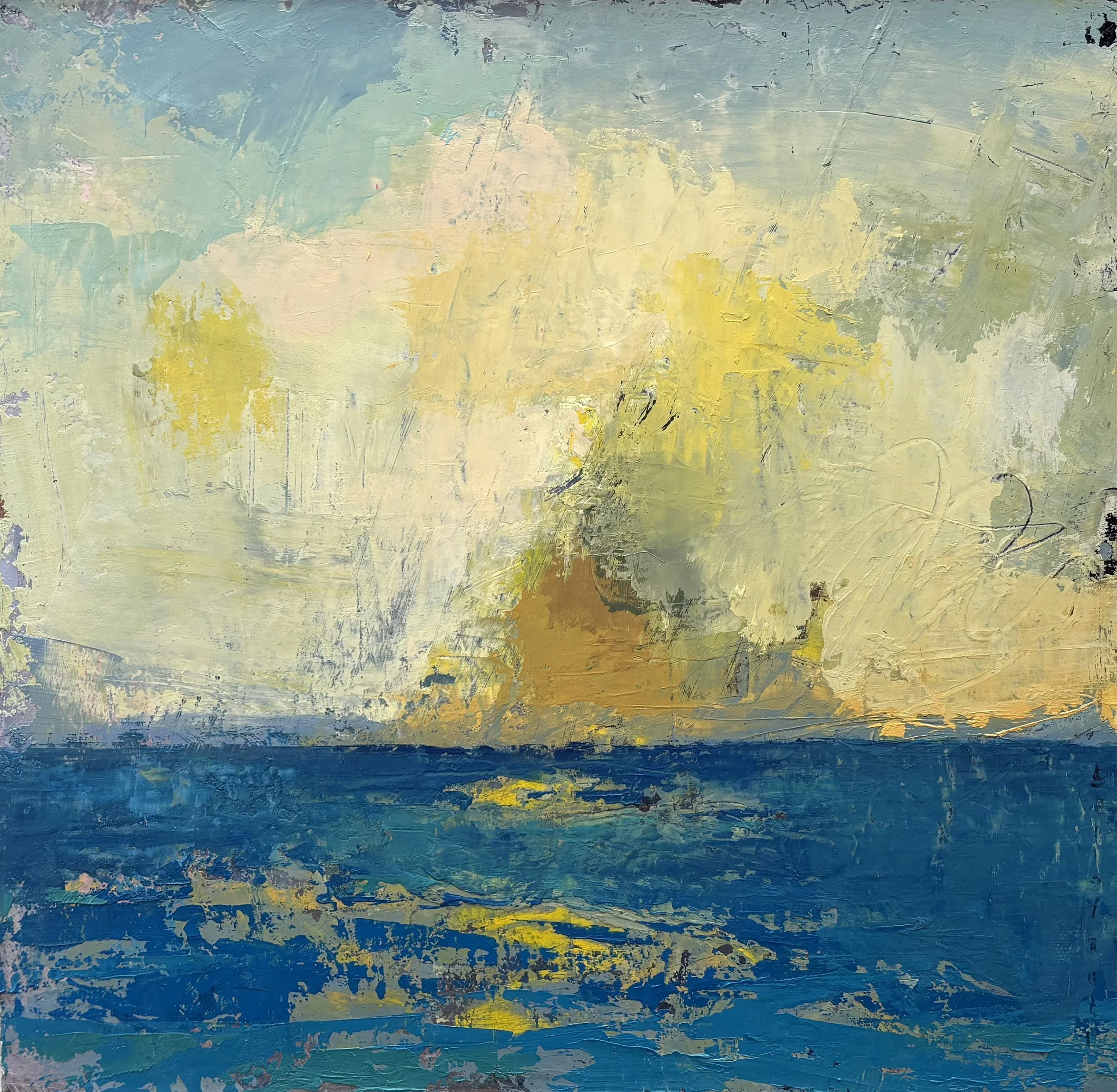 Abstract impressionistic painting with horizontal bands of color including shades of blue, green, yellow, and hints of purple and pink, with visible brushstrokes and texture.