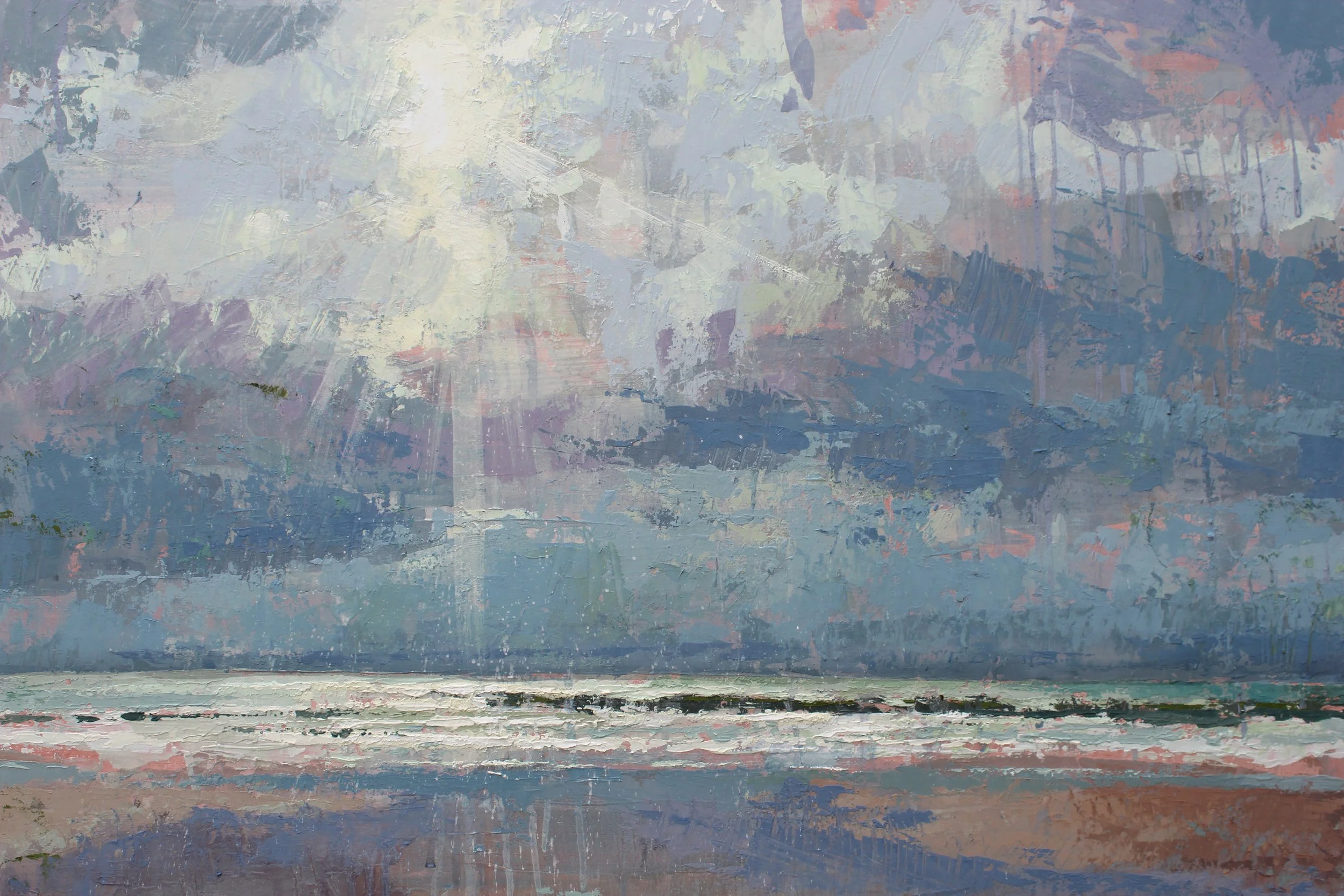 Abstract painting with soft pastel colors in blue, pink, purple, and white, featuring textured brushstrokes and layered paint.