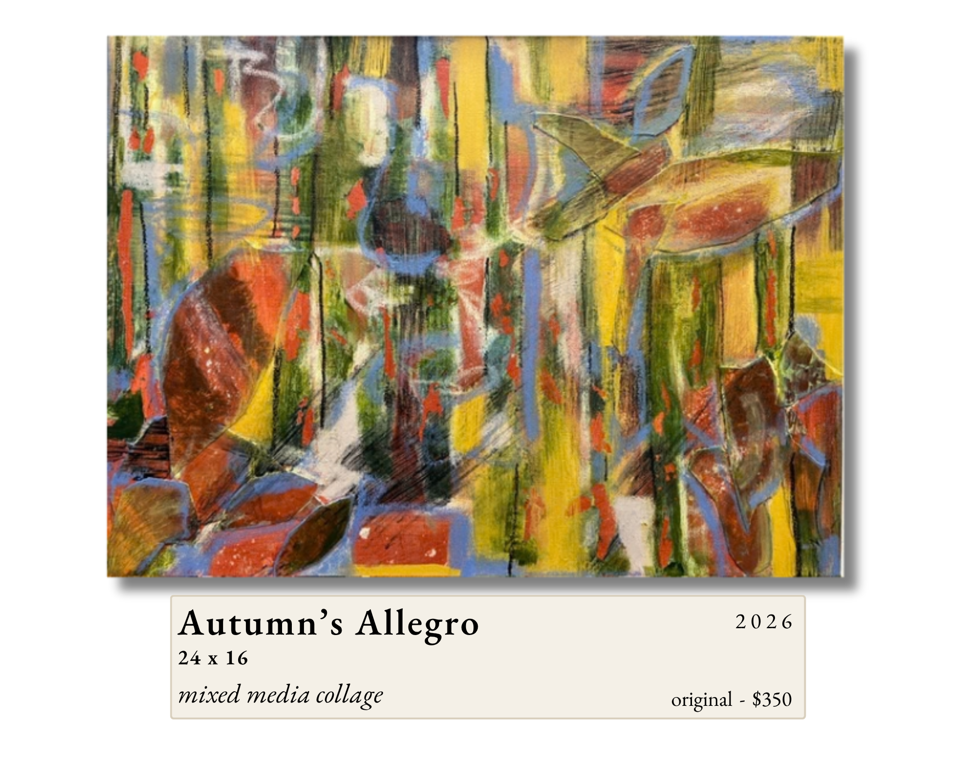 Autumn's Allegro by Gail Greenwell, mixed media collage: an energetic abstract of layered yellow, rust-red, green, and blue shapes with scribbled dark lines and leaf-like forms.
