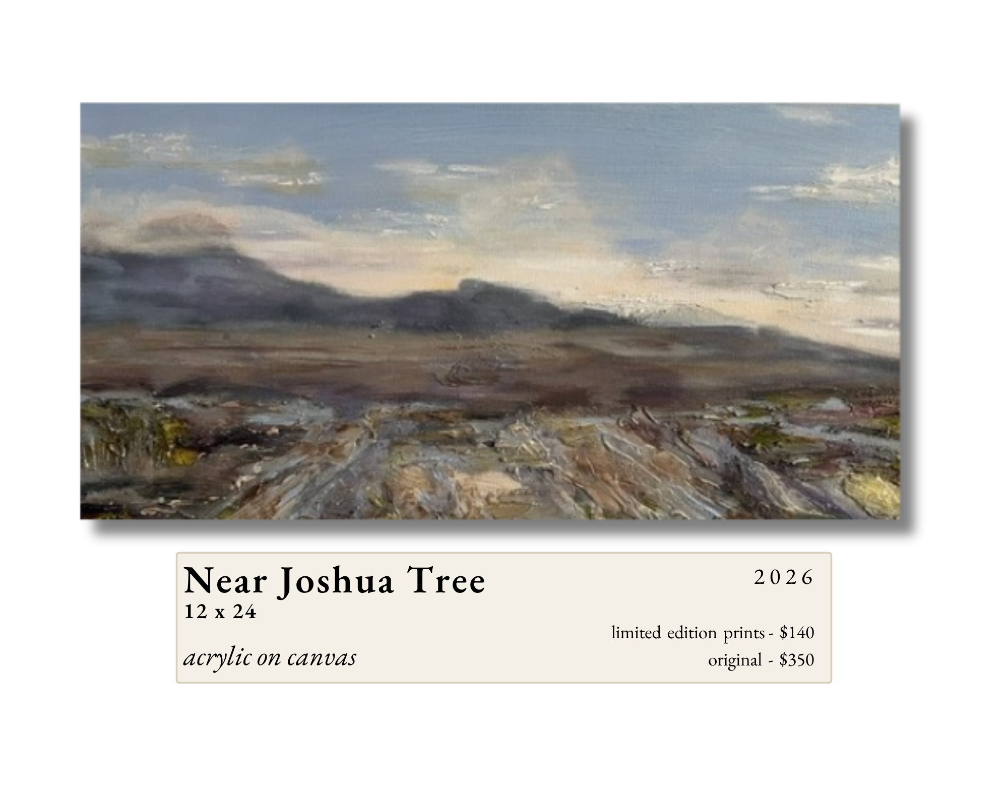 Near Joshua Tree by Gail Greenwell, acrylic on canvas: a wide desert plain of muted browns and creams stretching toward low mountains under a hazy blue-grey sky.