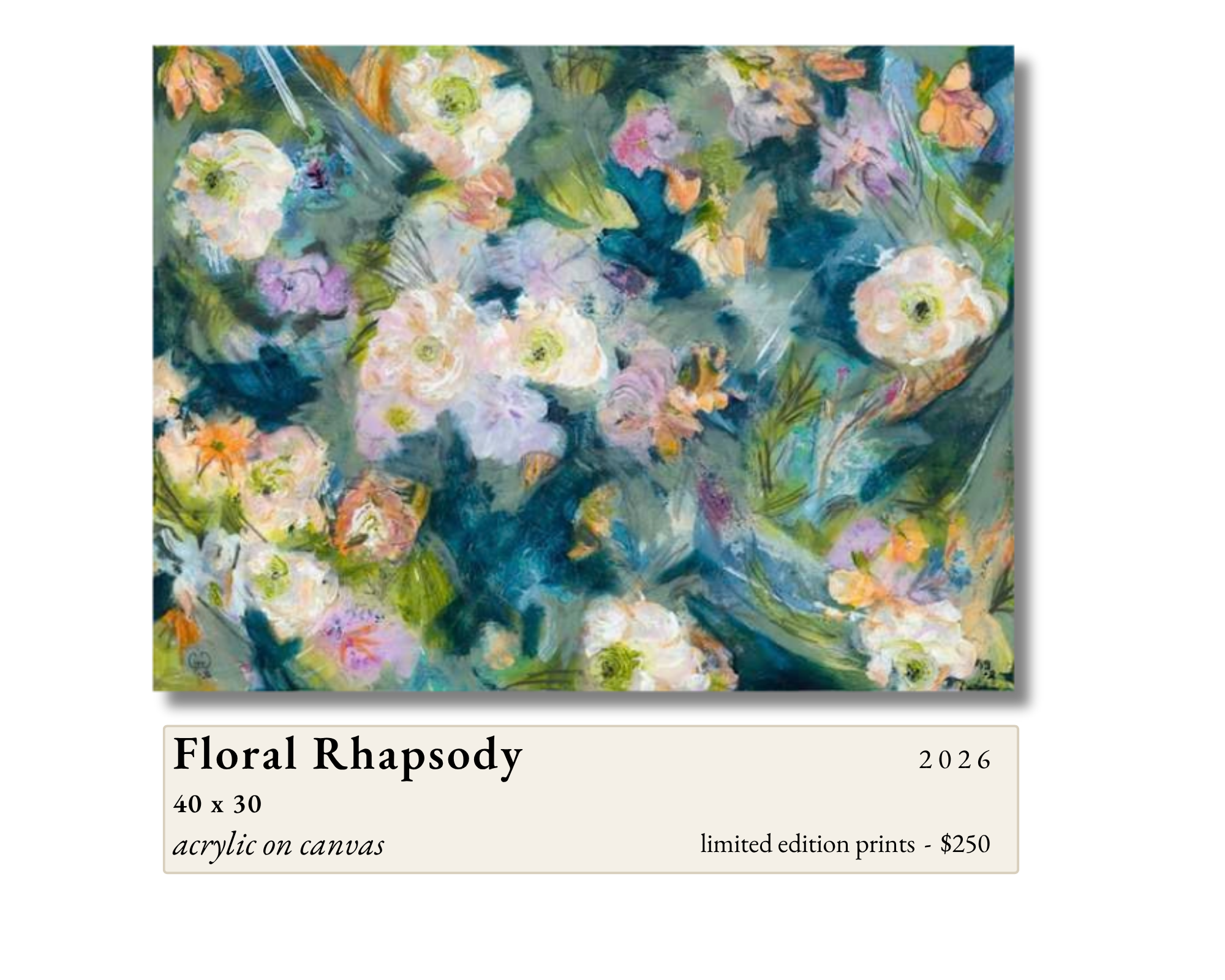 Floral Rhapsody by Gail Greenwell, acrylic on canvas: loose, painterly white and blush-pink roses with lilac blooms scattered across a deep teal and green background.