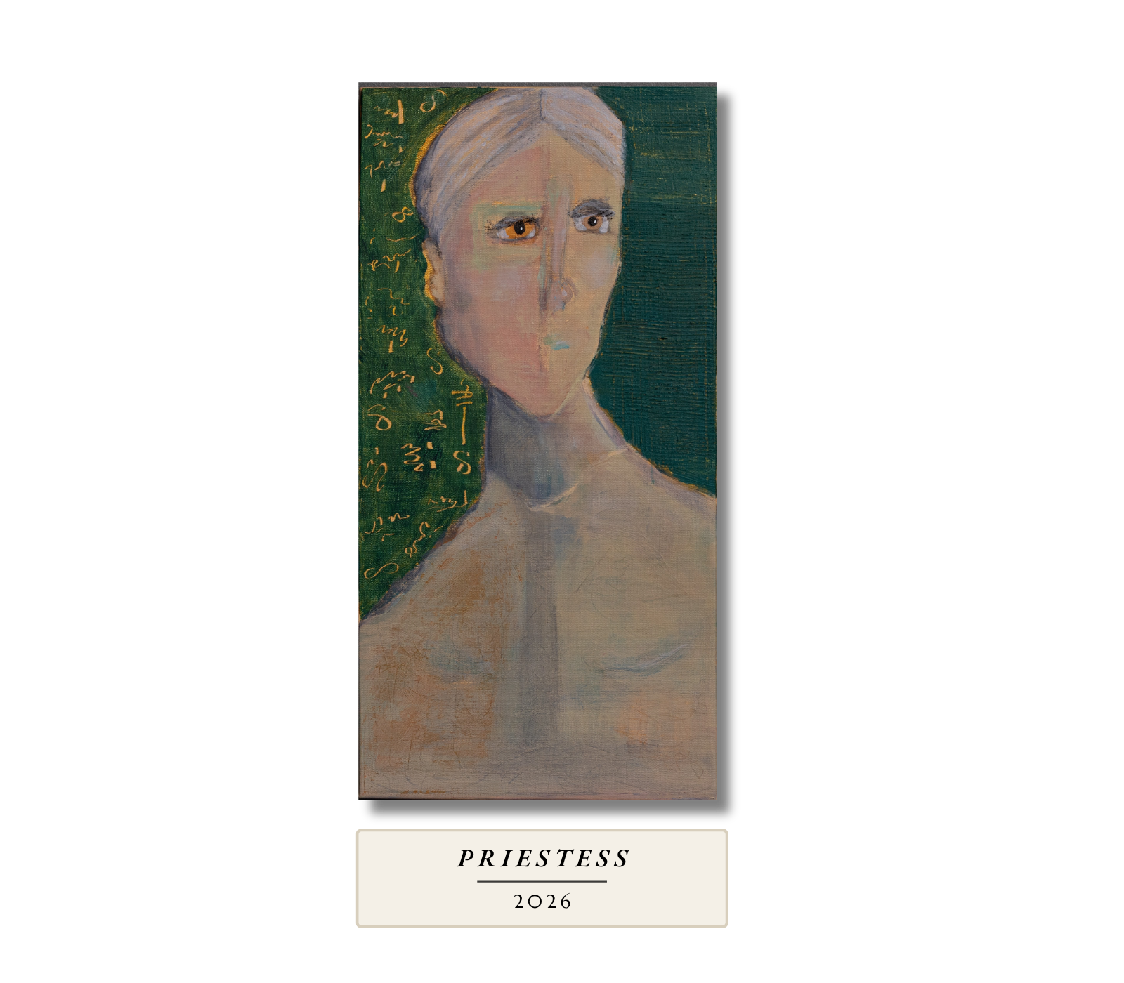 Stylized portrait of a figure with pale hair against a deep green ground marked with gold script. Priestess, 2026, by Gail Greenwell.