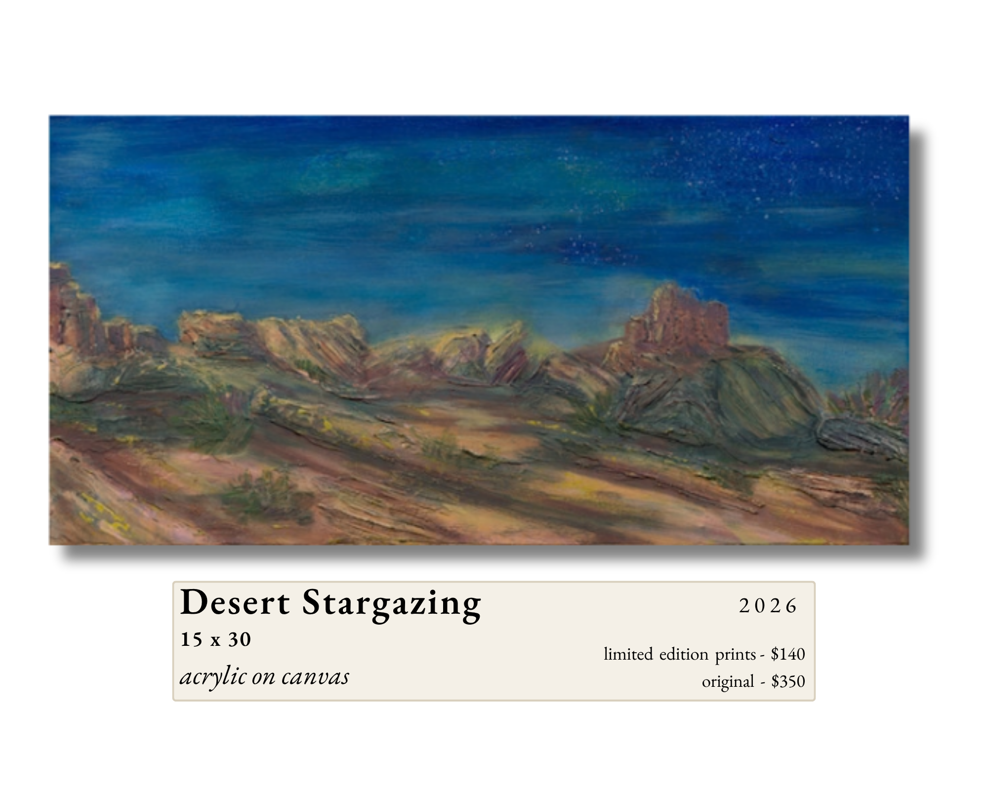Desert Stargazing by Gail Greenwell, acrylic on canvas: red-rock desert mesas beneath a deep blue night sky scattered with stars.