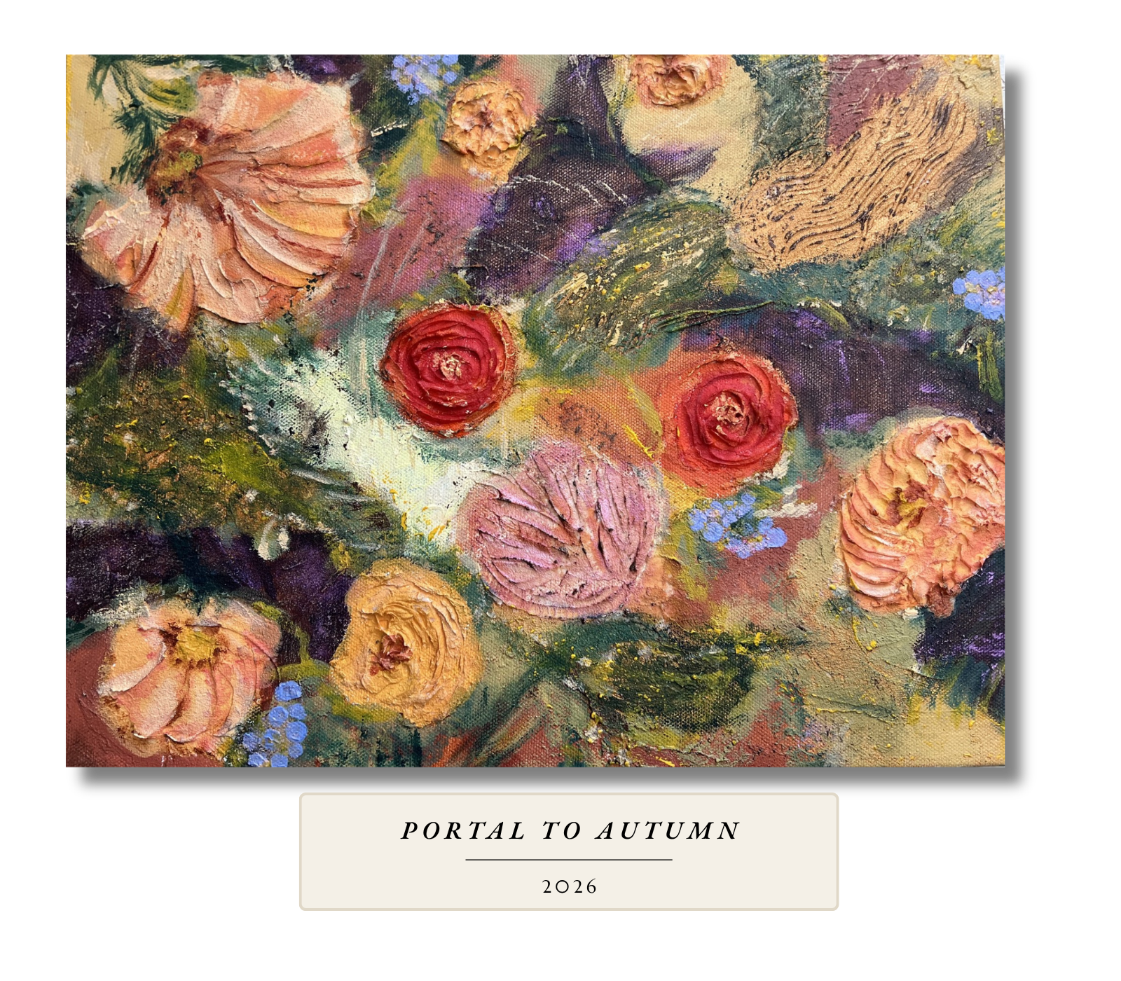 Textured painting of peach and coral blossoms among green and purple foliage. Portal to Autumn, 2026, by Gail Greenwell.