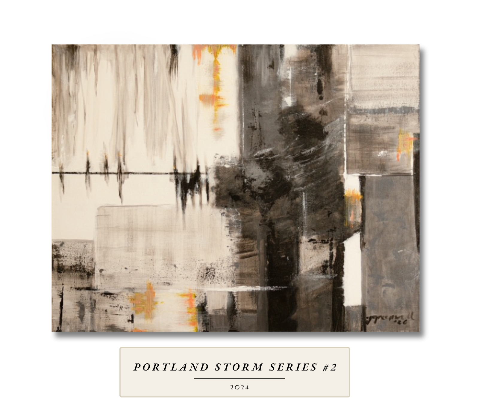 Black, white and grey abstract with vertical drips, horizontal lines and small orange flares. Portland Storm Series #2, 2024, by Portland artist Gail Greenwell.
