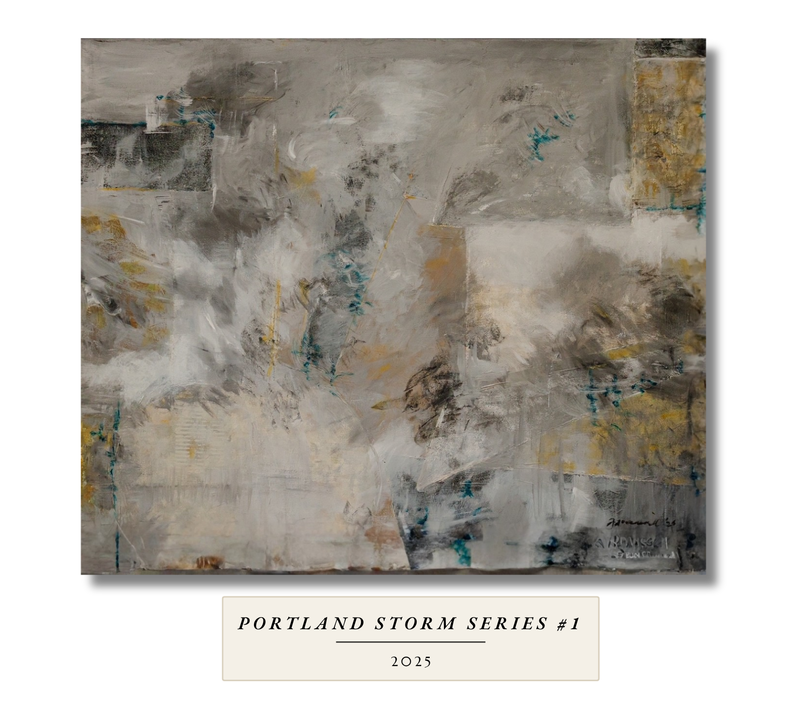 Large grey and white abstract painting with teal and dark marks. Portland Storm Series #1, 2025, by Portland artist Gail Greenwell.