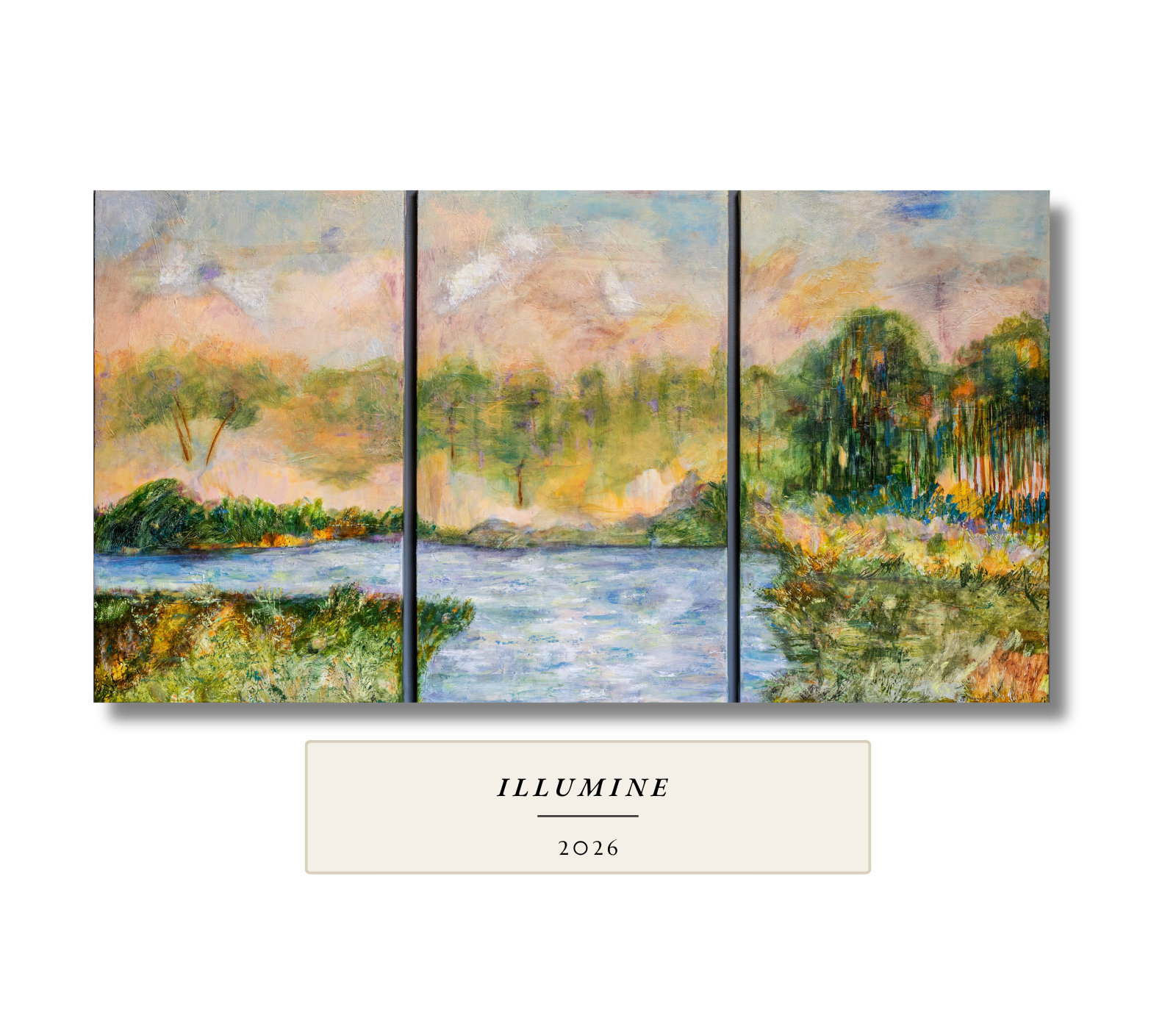  Triptych painting of a river at dawn with pastel sky and green banks. Illumine, 2026, by Portland painter Gail Greenwell
