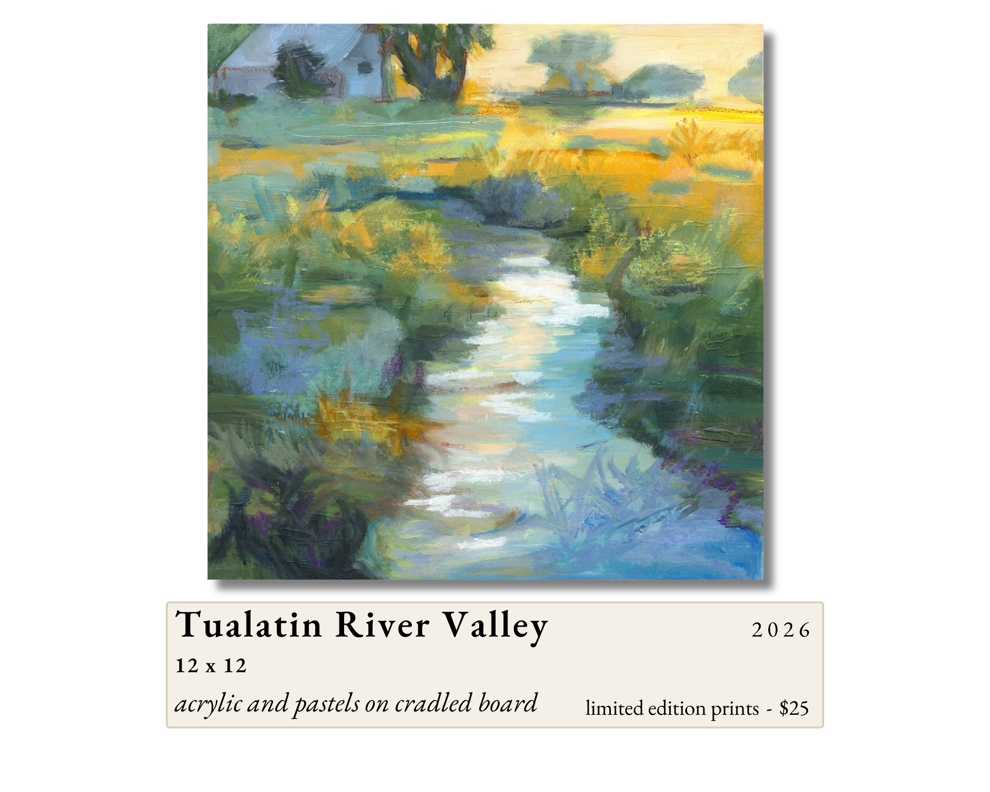 Tualatin River Valley by Gail Greenwell, acrylic and pastels on cradled board: a narrow stream reflecting the sky as it winds through golden-green grasses toward a line of trees.