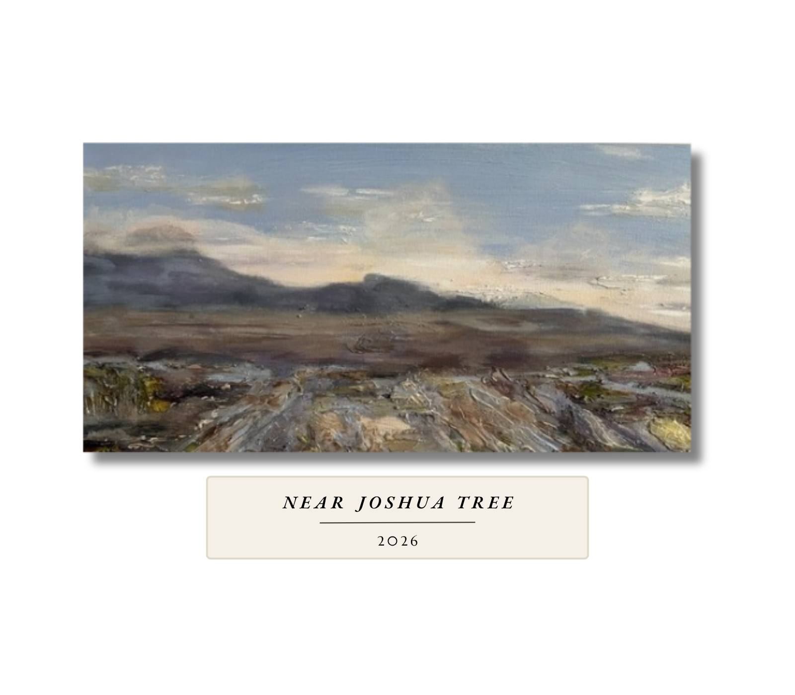 Wide desert landscape with a pale cloudy sky, distant dark hills and a rocky foreground of grey stone and olive scrub. Near Joshua Tree, 2026, by Gail Greenwell.