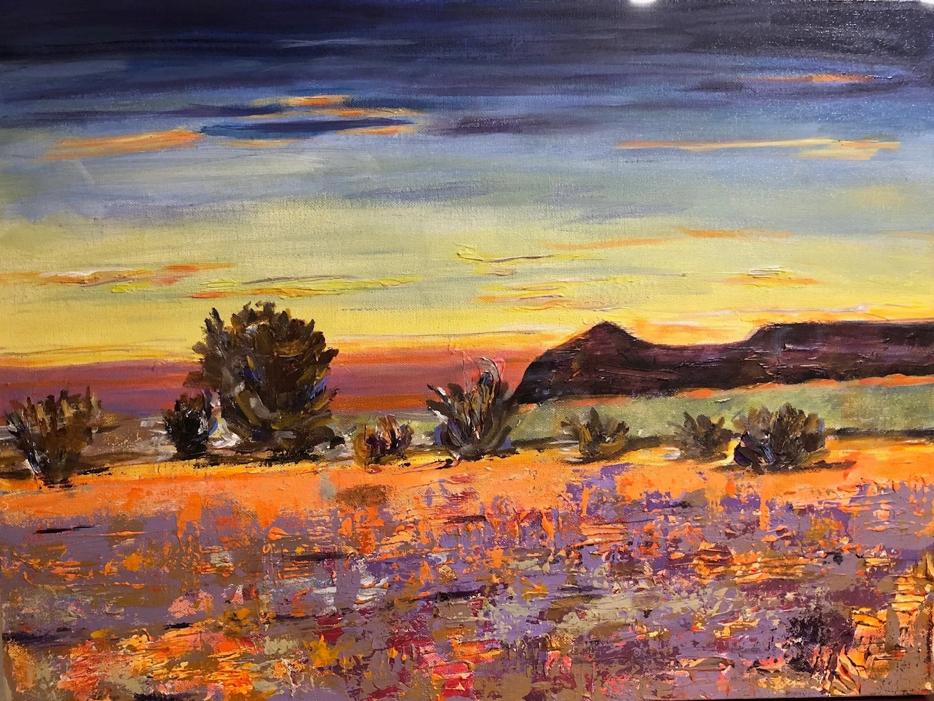 A desert landscape setting with rocks and brush, with deep blue evening sky, and fading sunset.