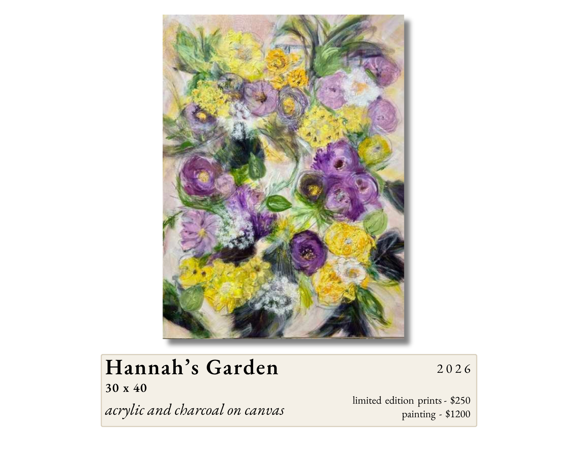 Hannah's Garden by Gail Greenwell, acrylic and charcoal on canvas: a lush bouquet of purple roses and bright yellow blossoms with dark charcoal accents against a pale background.