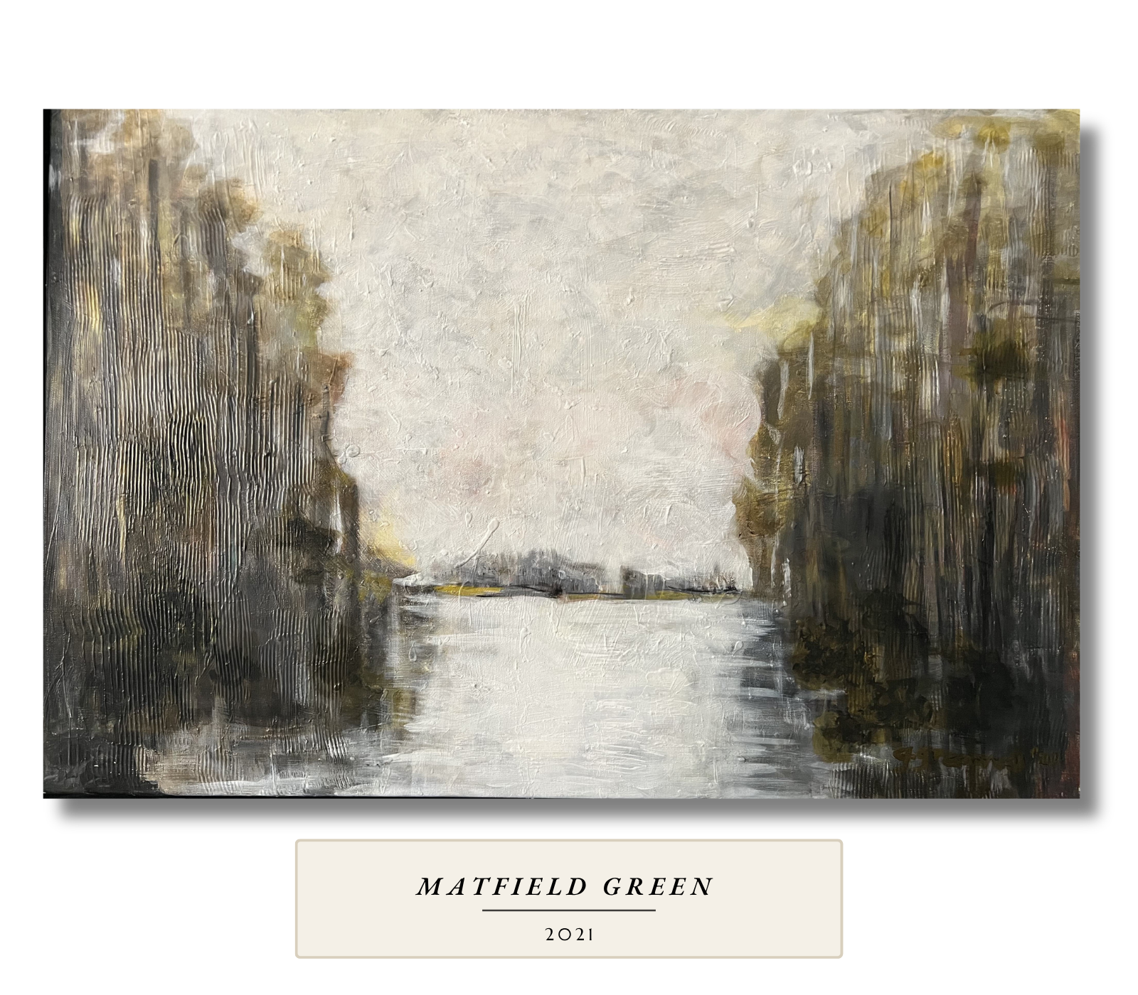 Misty landscape in white, grey and olive with a pale stretch of water between dark trees. Matfield Green, 2021, by Gail Greenwell.