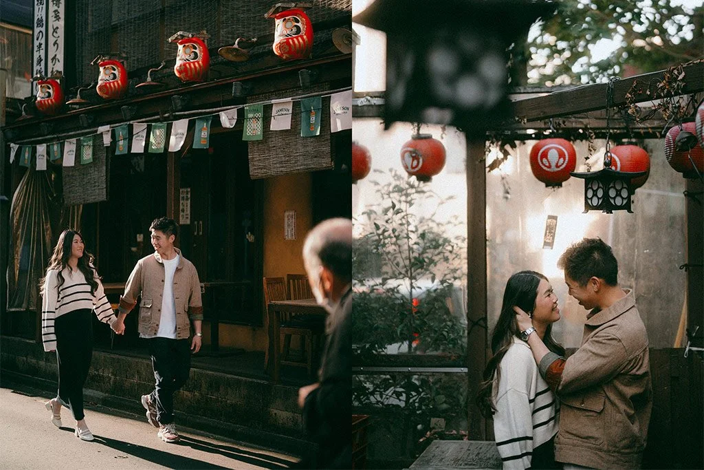 A young couple walking hand in hand outside a traditional Japanese building decorated with red lanterns, and the same couple sharing a moment together surrounded by hanging lanterns in a cozy outdoor setting.