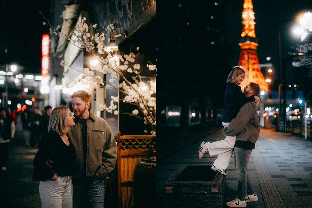 Nighttime city scene with a couple in each frame. On the left, a woman and a man with a cherry blossom tree branch and illuminated signs in the background. On the right, a man and woman sharing a kiss with Tokyo Tower lit up in the background.