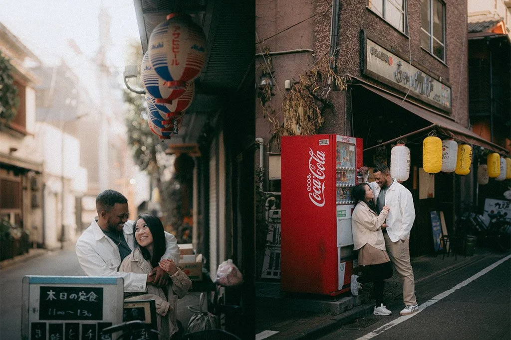 A couple standing on a busy street corner near a Coca-Cola vending machine, with cozy hanging lanterns and storefronts in the background. The woman is leaning against the vending machine, and they are laughing together.