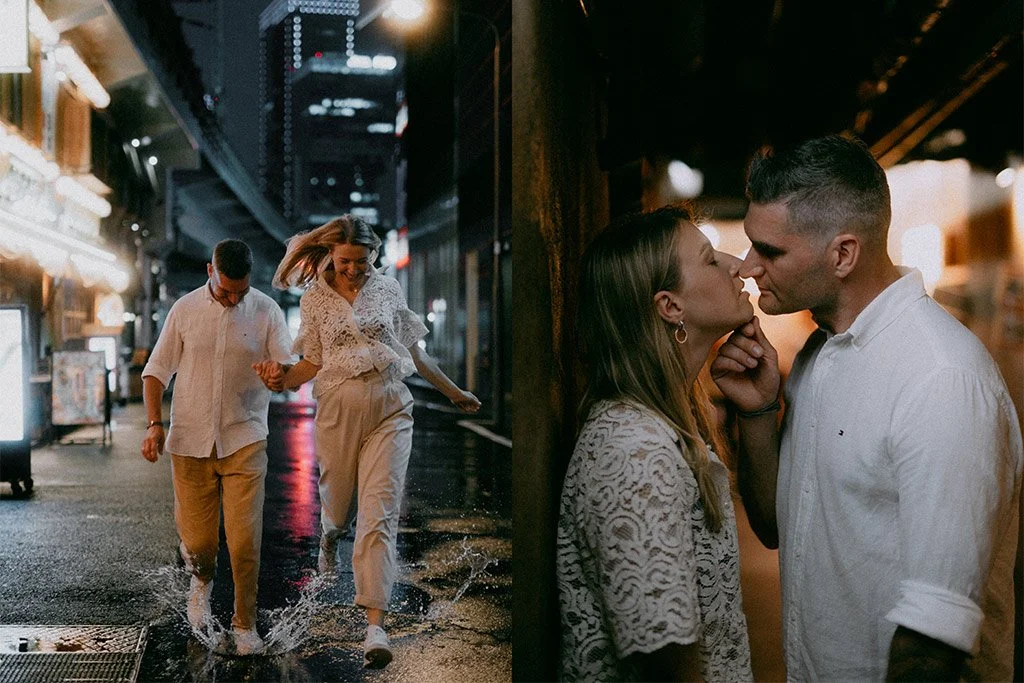 Two people are walking hand in hand on a rainy city street at night, splashing through puddles, with bright city lights and buildings in the background. On the right, a woman and man are standing close together indoors, about to kiss, with a warmly l