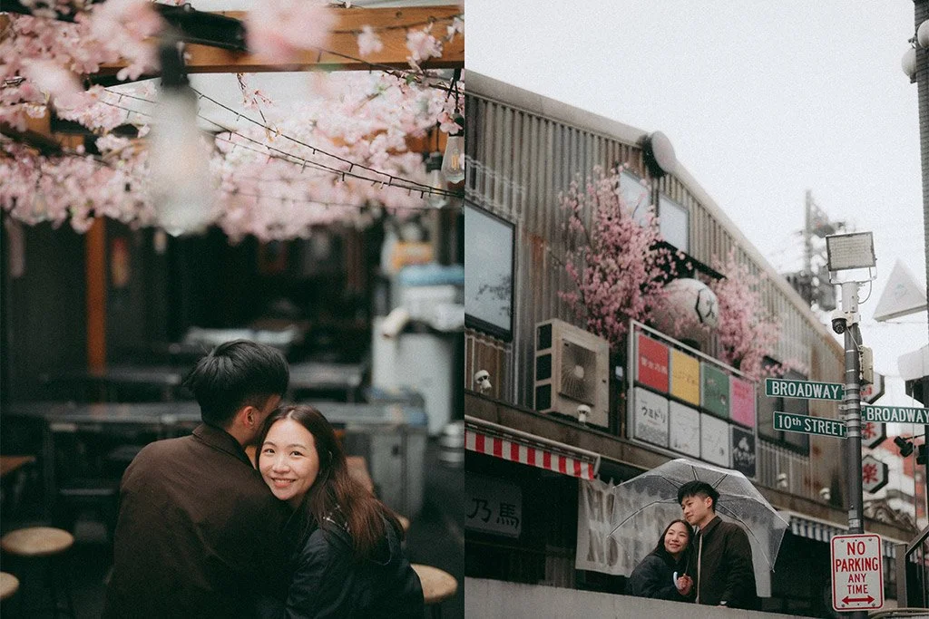 A collage of two photos: the left picture shows a couple smiling and embracing under pink cherry blossoms, with the woman looking directly at the camera. The right picture shows two people standing under an umbrella on a city street, with pink cherry