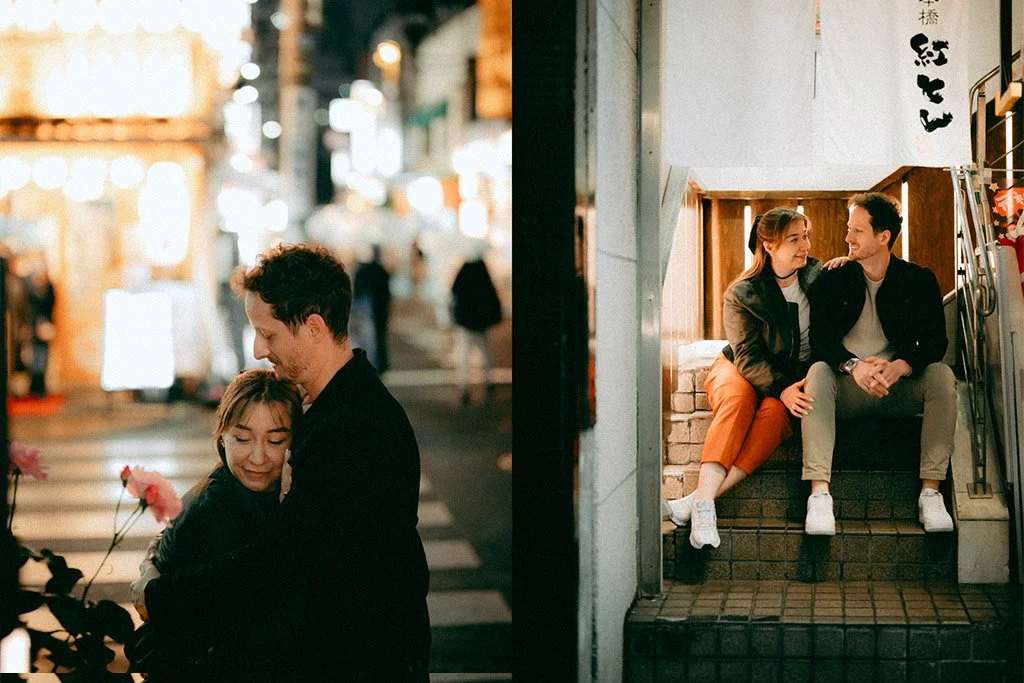 Two images of a young couple. In the first, the couple is hugging on a city street at night, with blurred lights in the background. In the second, the same couple is sitting on stairs outside a building, smiling and looking at each other.