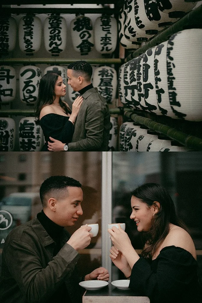 A couple sharing an intimate moment surrounded by Japanese lanterns in the top part, and enjoying coffee together at a cafe in the bottom part.