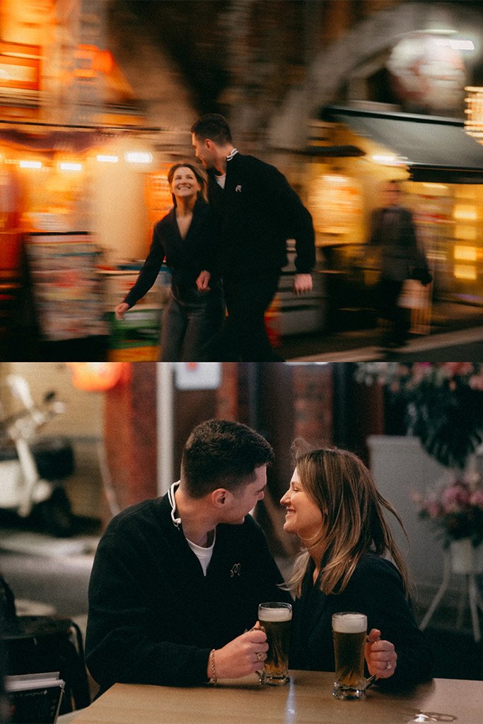 A couple walking together in an outdoor street scene at night in the top image, and a couple sitting at a table with drinks, smiling and looking at each other in a bar or restaurant setting in the bottom image.