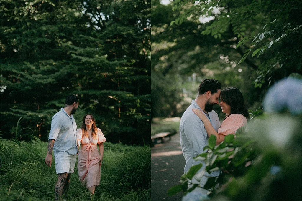 A couple walking together in a lush green forest, smiling and enjoying each other's company.