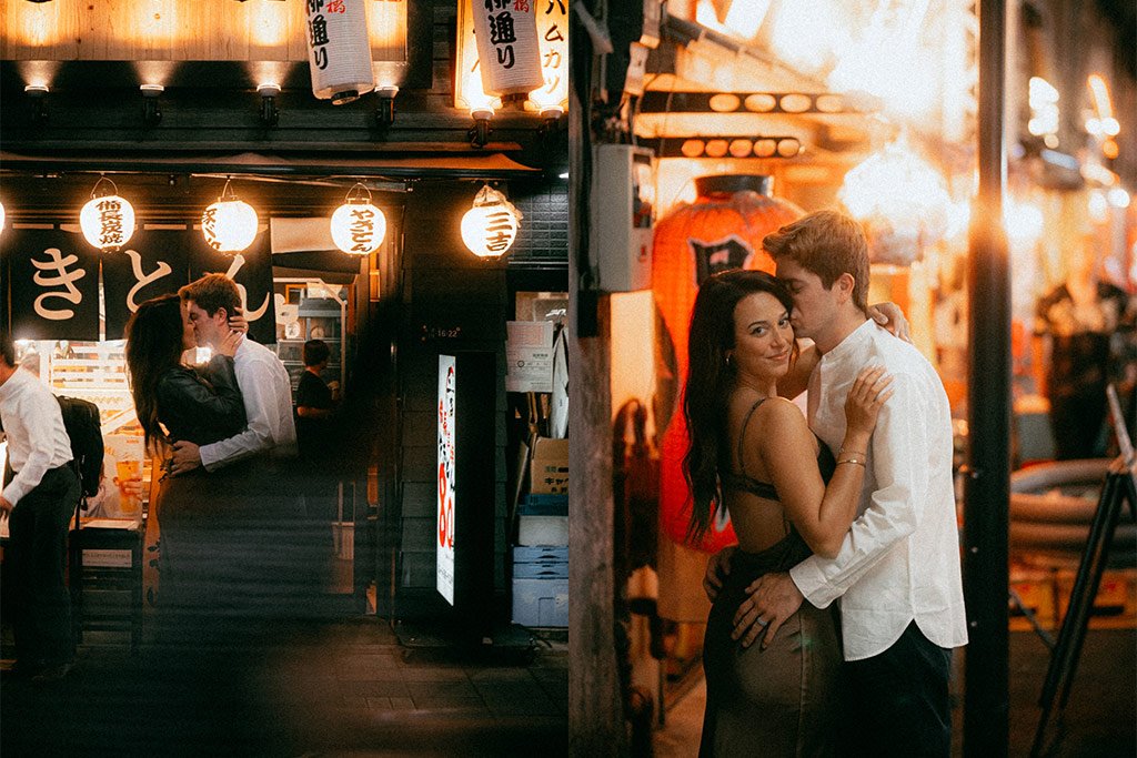 Two couples are dancing together in a bustling, illuminated Japanese street or market at night. The scene features traditional lanterns and warm lighting.