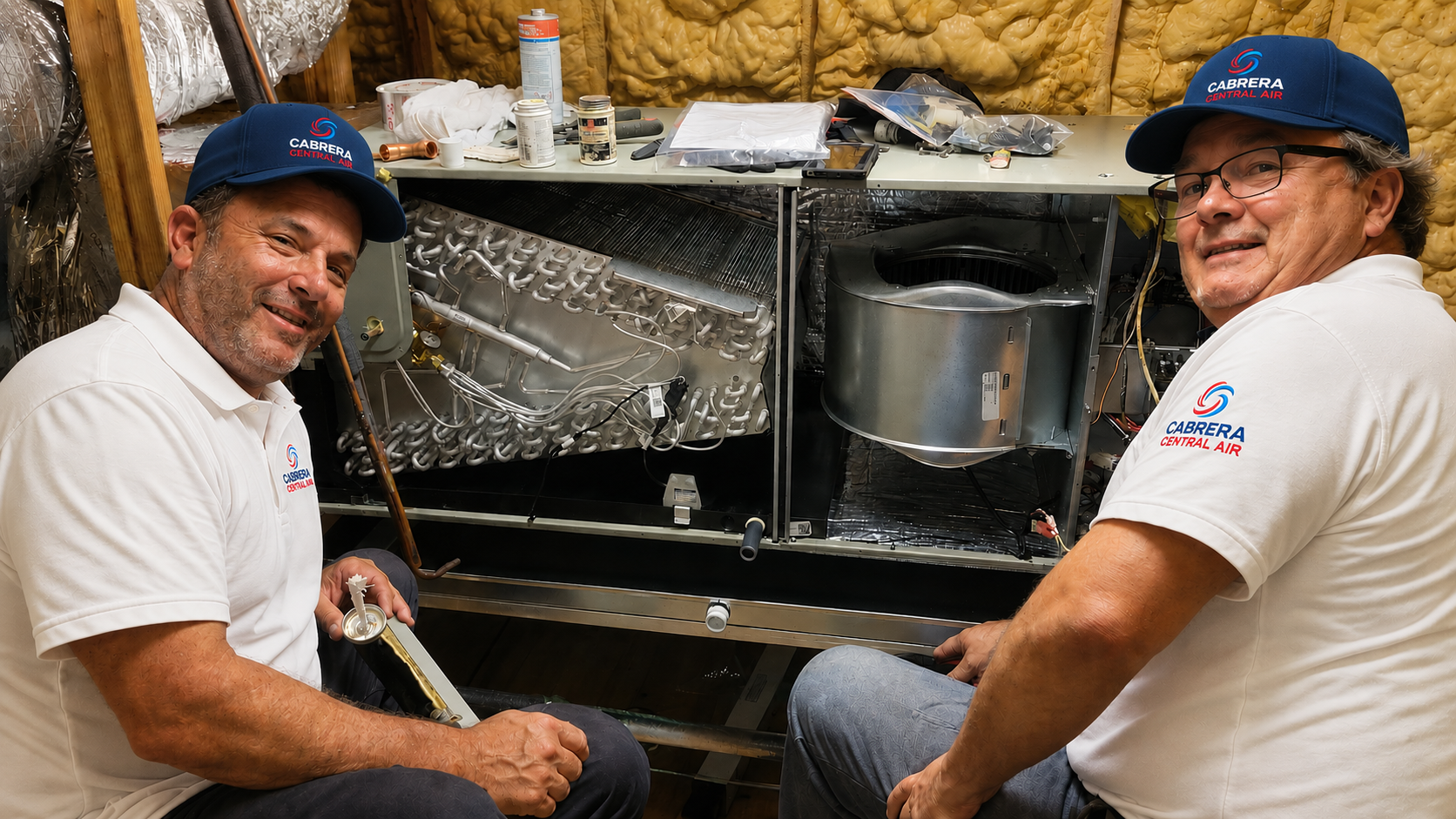 Two men wearing white polo shirts and blue caps with Cabrera Central Air logos sitting beside appliances and tools, working on or repairing an HVAC unit in an insulated room.