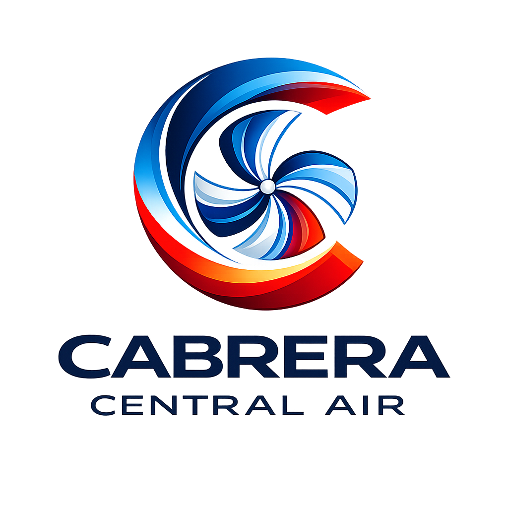 Logo for Cabrera Central Air featuring a stylized swirl fan in red, white, and blue colors with a large 'C' shape, and the text 'CABRERA CENTRAL AIR' below.