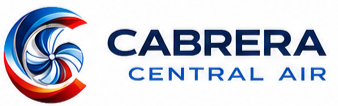 Cabrera Central Air logo with a stylized fan and red and blue swirls