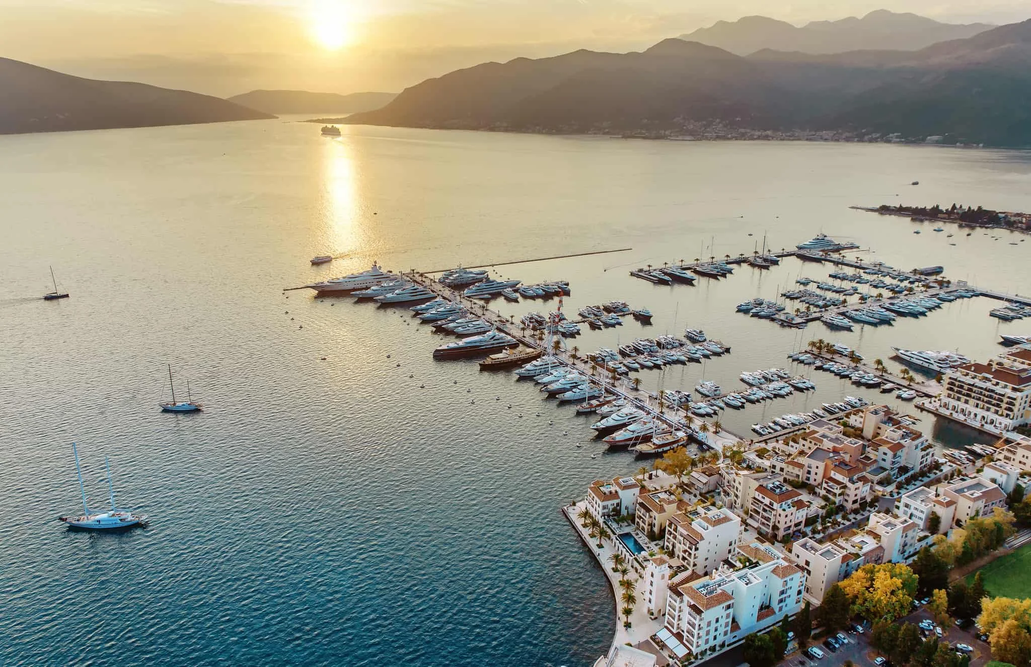 Porto Montenegro seen from helicopter, view of Kotor Bay, superyacht marina development