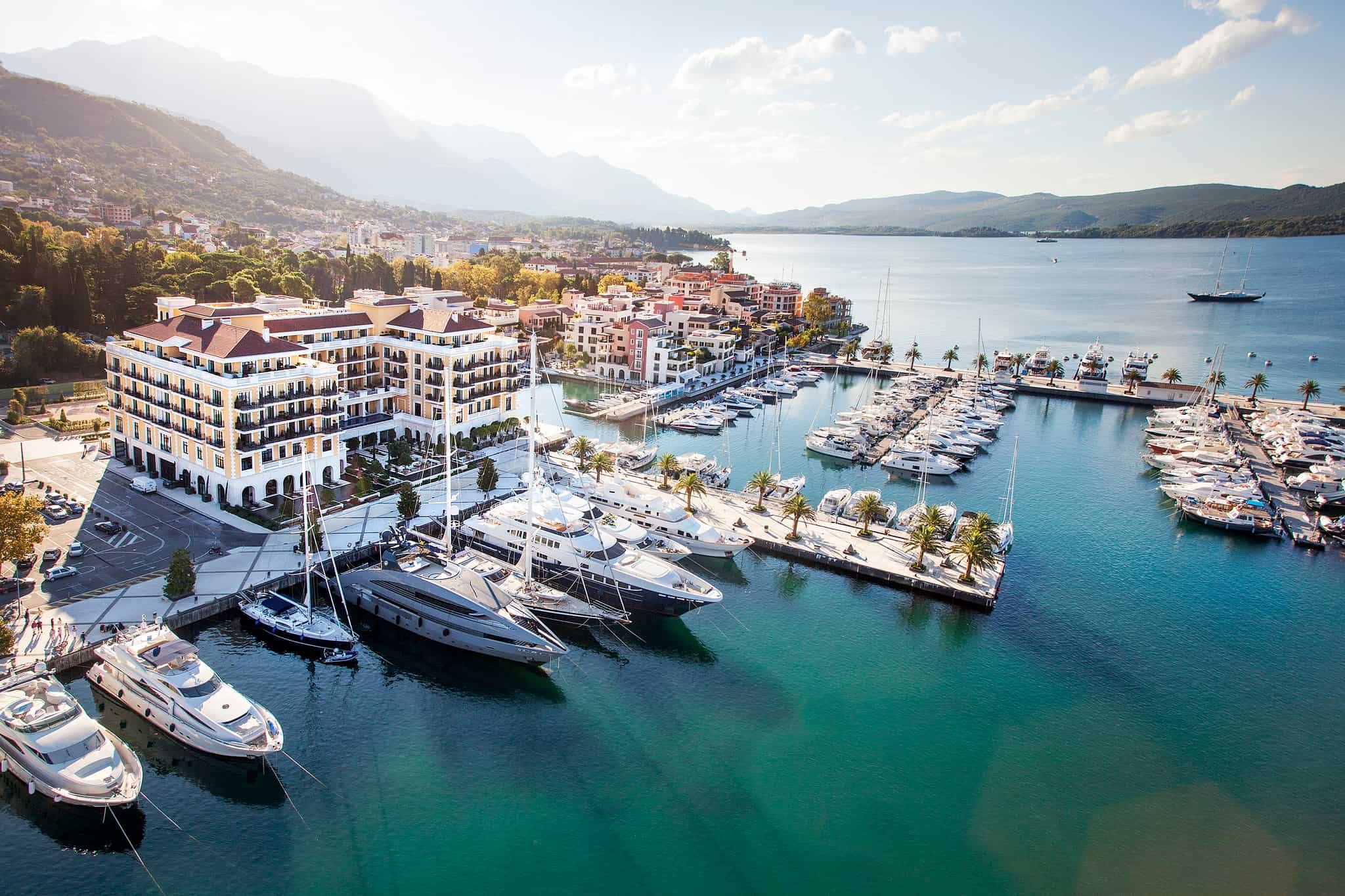 Porto Montenegro, south village, aerial view, Regent Hotel, marina, Tivat