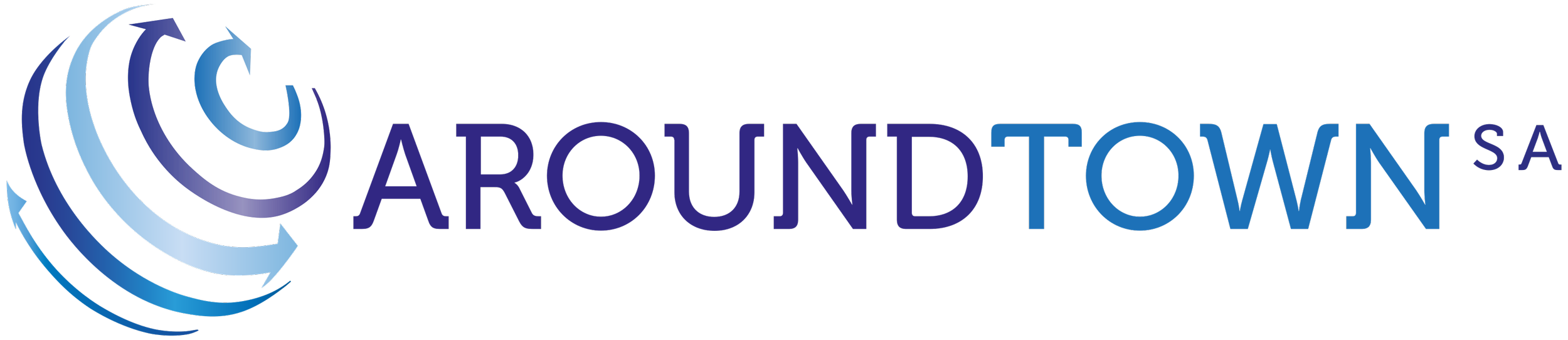 Logos and text for 'Around Town SA' with a globe and swirl design.