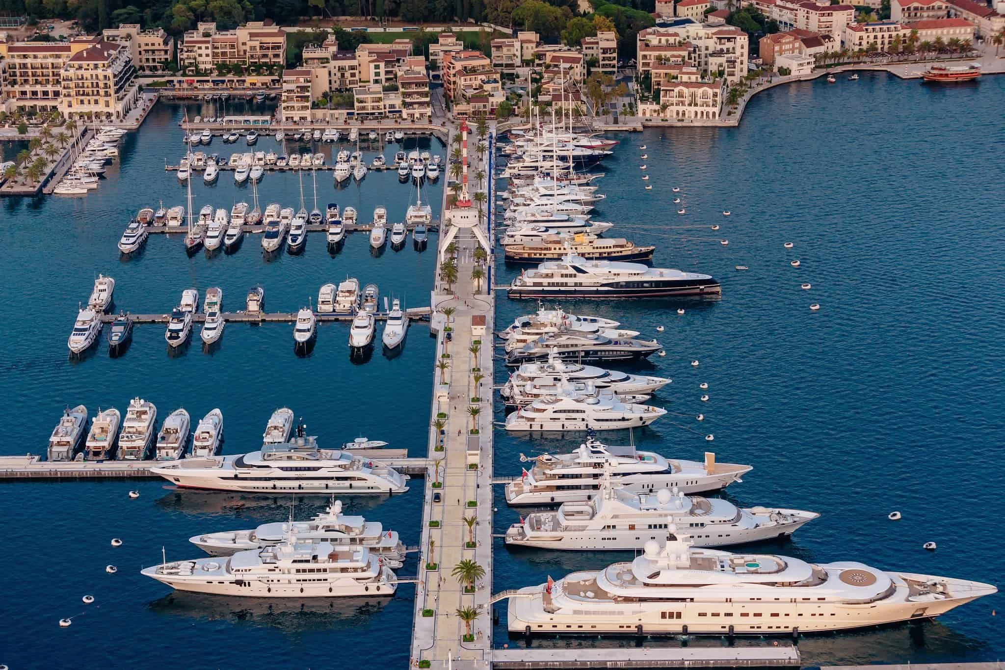 Porto Montenegro aerial view, superyacht marina village development, Tivat