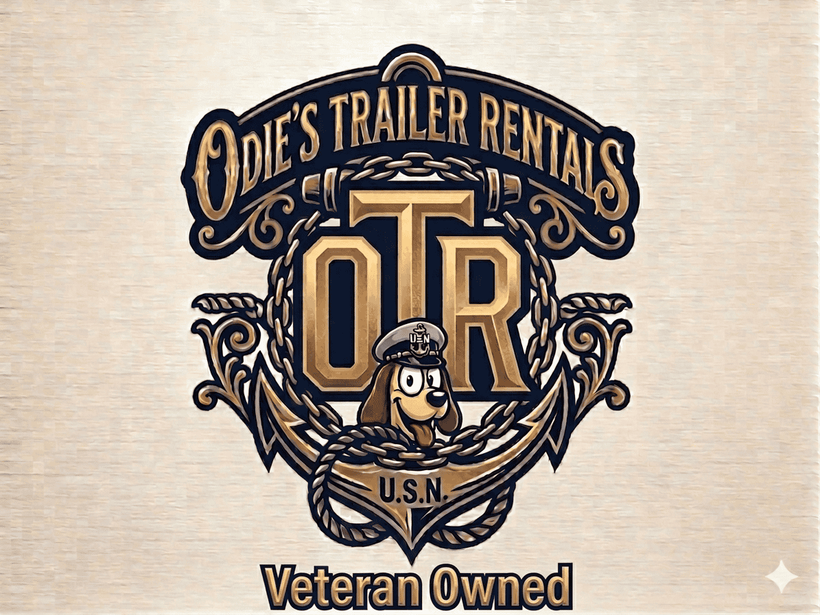 Logo for Odie's Trailer Rentals with a cartoon dog wearing a military hat and surrounded by nautical rope.