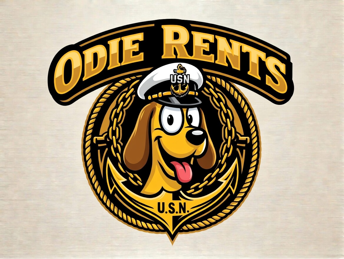 Logo for Odie Rents featuring a cartoon dog wearing a United States Navy sailor hat, within a circular rope border, with the company name above.